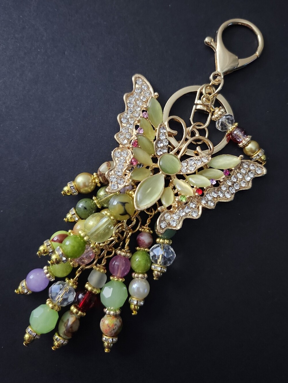 Butterfly Purse Charm Rhinestone Jade Imperial Jasper Aventurine Handcrafted